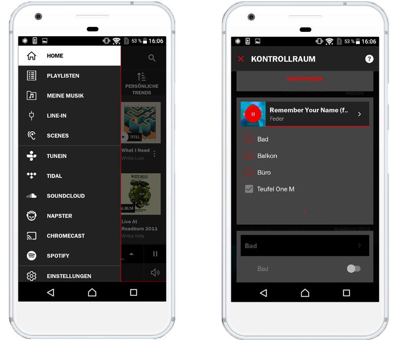 Smartphone Bildschirm mit der Teufel App für Multiroom-Lautsprecher