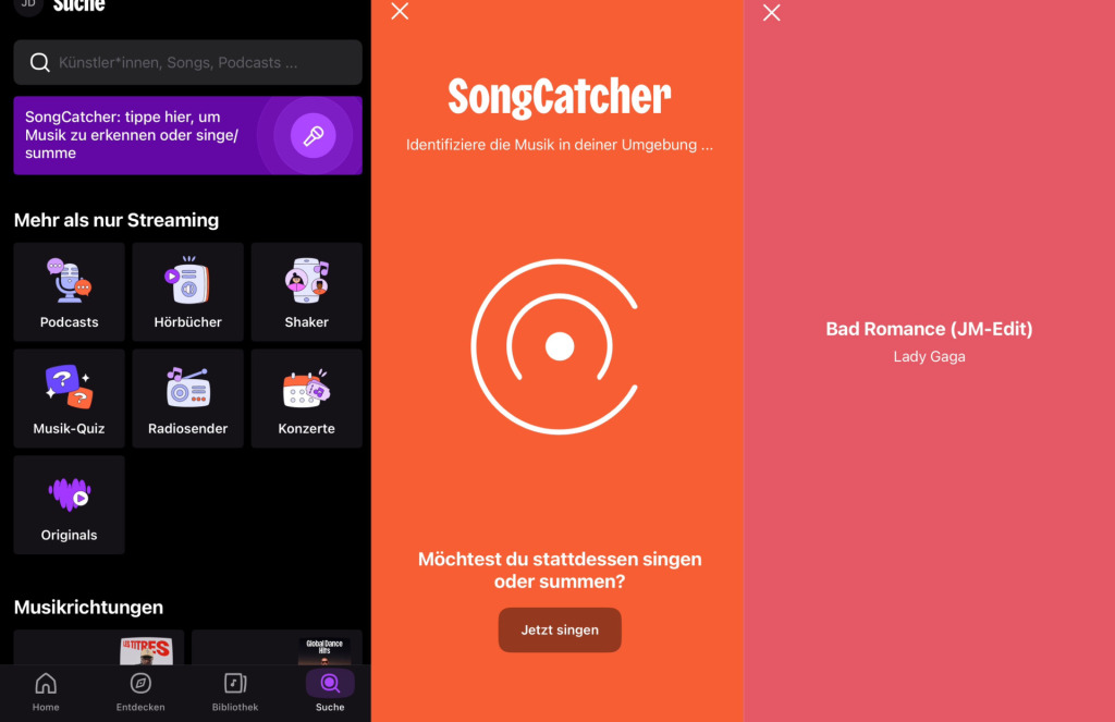 Screenshot der Deezer-App mit SongCatcher: Die Musikerkennung identifiziert „Bad Romance (JM-Edit)“ von Lady Gaga.