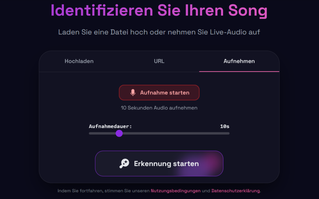 Screenshot von SongFinder.gg mit Option zum Aufnehmen von Audio zur Song-Erkennung.