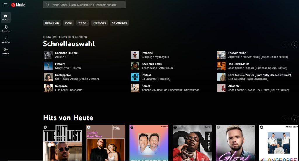 Screenshot der Browser-Anwendung von YouTube Music