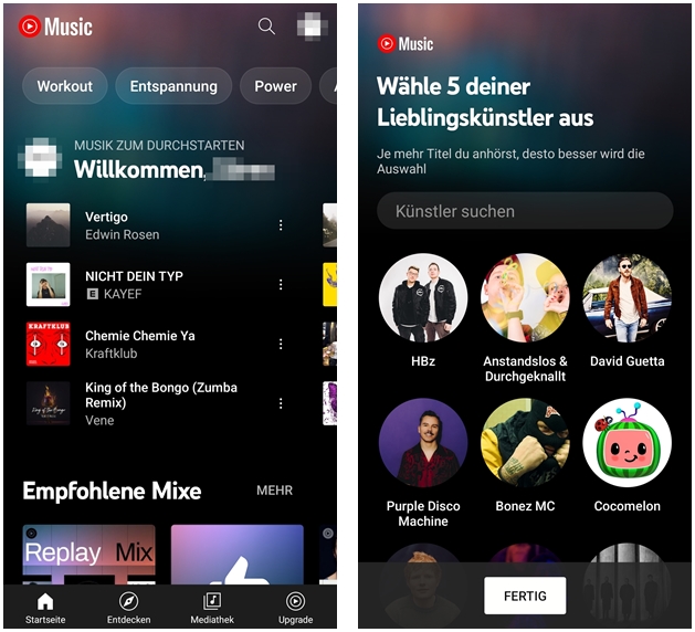 Screenshots der Gestaltung der YouTube Music App.