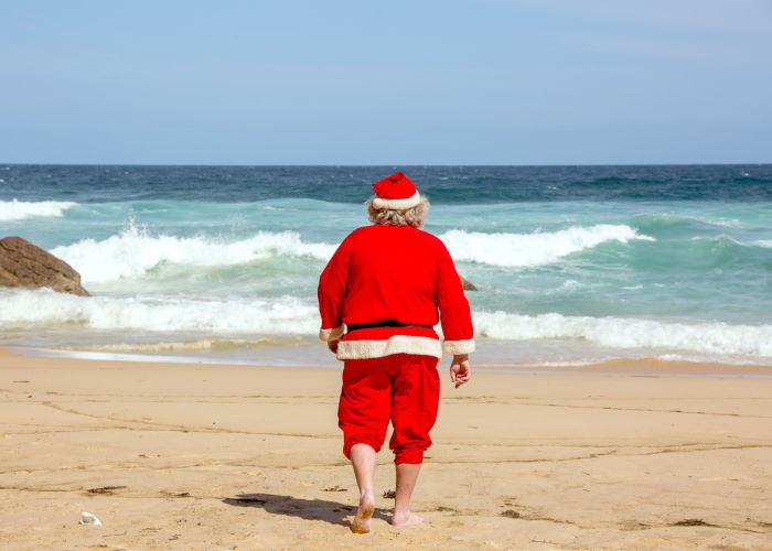 Rückenansicht eines Menschen im Weihnachtskostüm am Strand