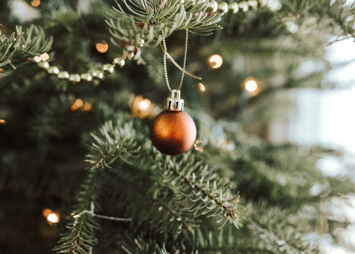 Weihnachtskugel und weiterer Baumschmuck in Nahaufnahme