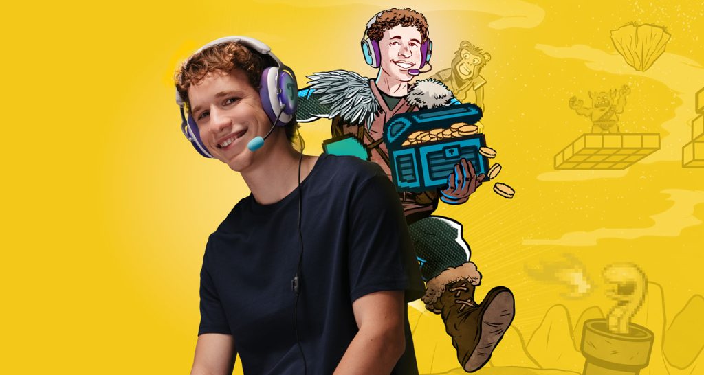 Junger Mann trägt Gaming-Headset ZOLA von Teufel, im Huntergrund sein Comic-Abbild mit Schatztruhe