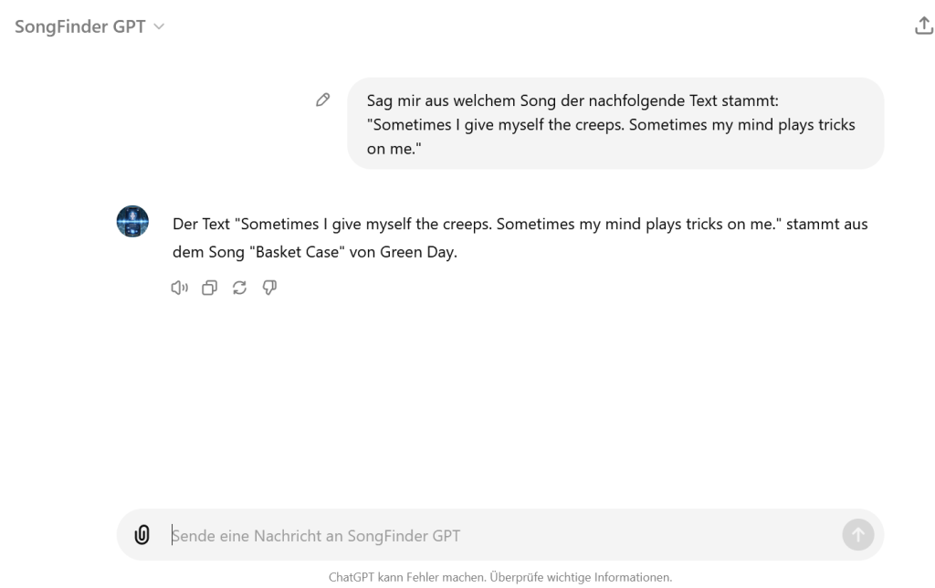 Ausschnitt aus einem Chat mit dem ChatGPT SongFinder