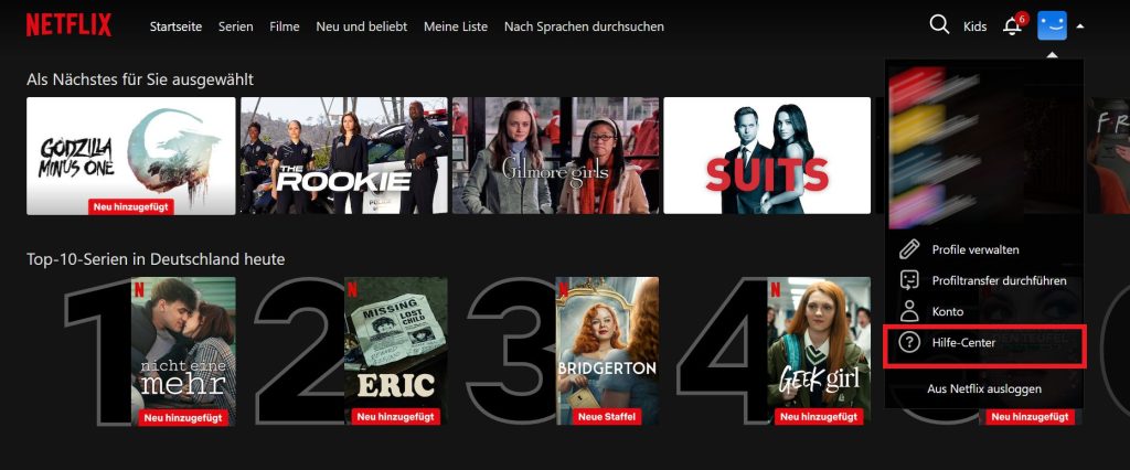 Netflix: Profilmenü auf der Startseite