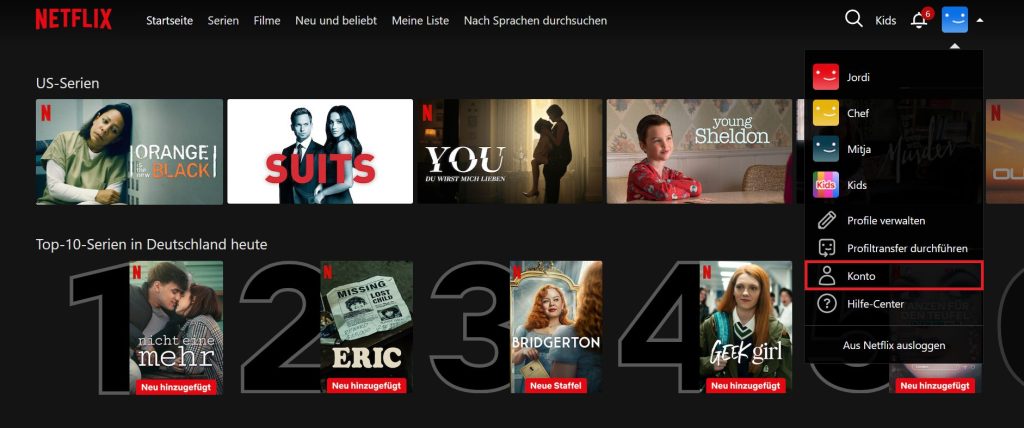 Netflix: Nutzermenü, Punkt "Konto"
