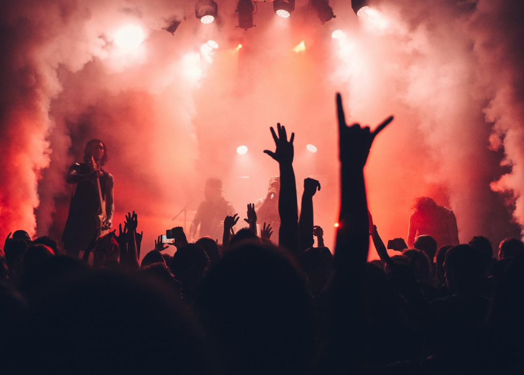 Live-Musikauftritt mit Publikum und Scheinwerferlicht.