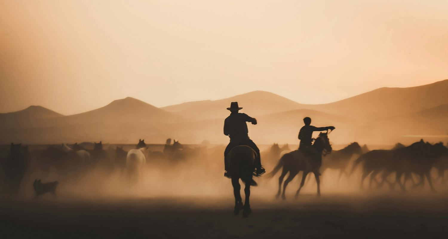 Silhouetten von zwei Reitern treiben eine Pferdeherde im Sonnenuntergang durch eine staubige Wüstenlandschaft mit Bergen im Hintergrund.